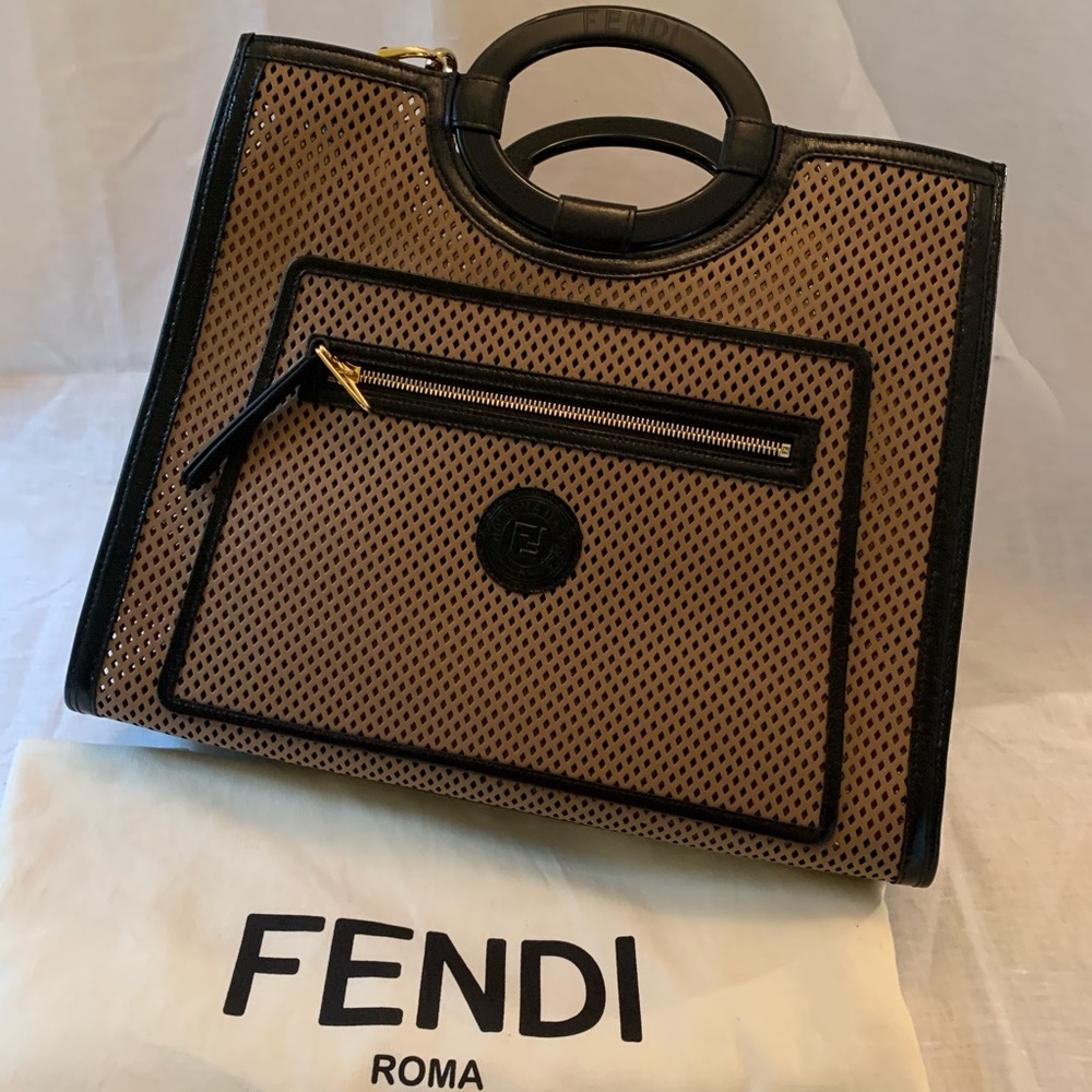 Fendi Beige and Black Perforated Shopper Tote